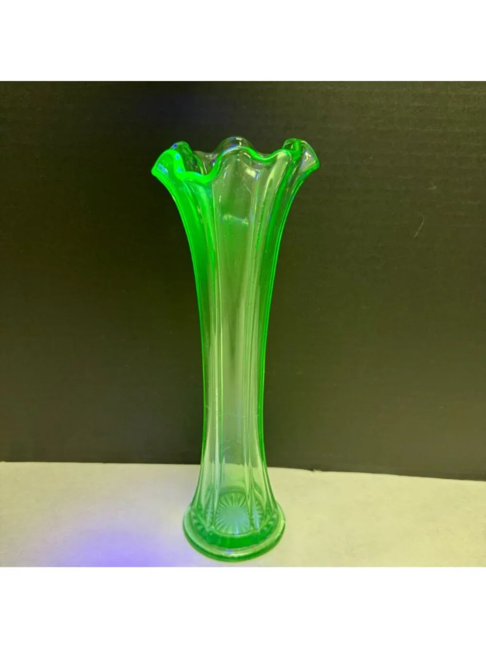 Vintage Uranium Green Glow Glass Ruffle Top Ribbed Vase 10 Inch